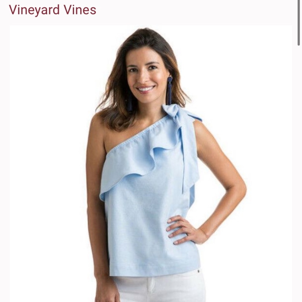 Vineyard Vines light blue chambray one shoulder flutter top